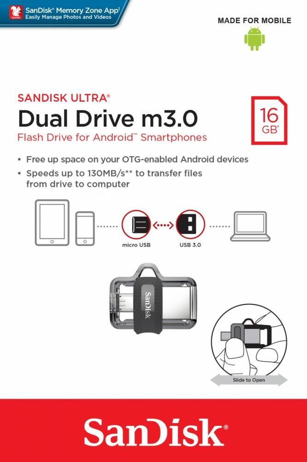 Memoria USB SanDisk Ultra Dual Drive M3.0, 16GB, USB 3.0, Gris