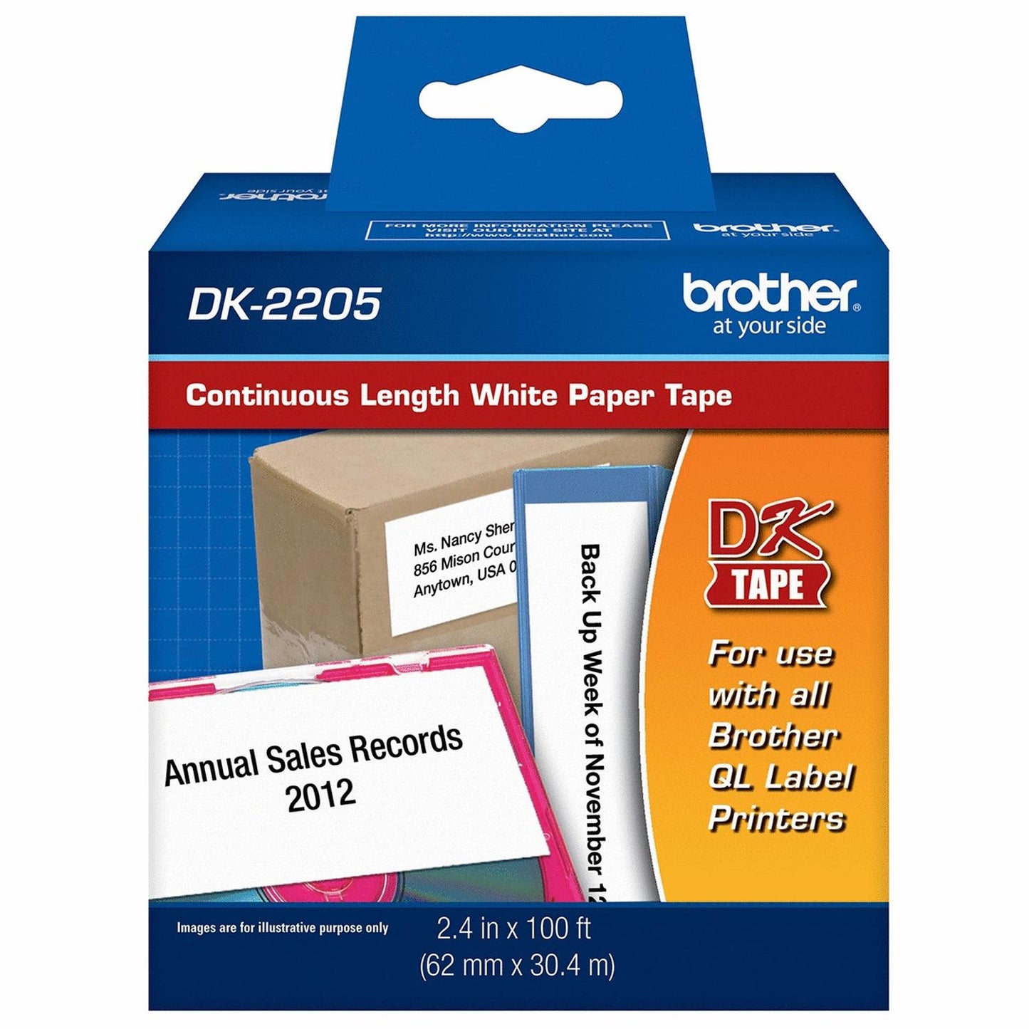 Cinta Brother DK2205 Negro sobre Blanco, 62mm x 30.4m