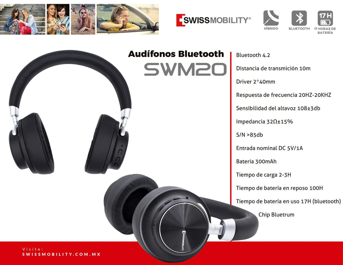 Audífonos de diadema HIGH FIDELITY (HiFi) con Bluetooth y micrófono SWM-20BK Swissmobility