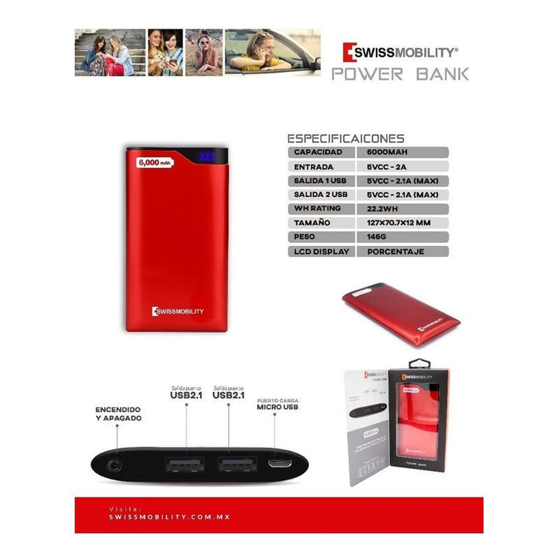 Power Bank Swissmobility I806 6000mah Rojo