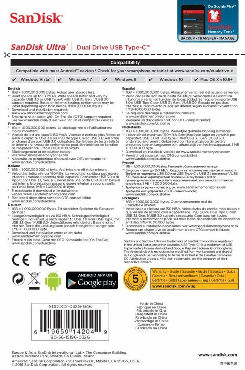 Memoria USB SanDisk Ultra Dual Drive, 32GB, USB C 3.0, Plata