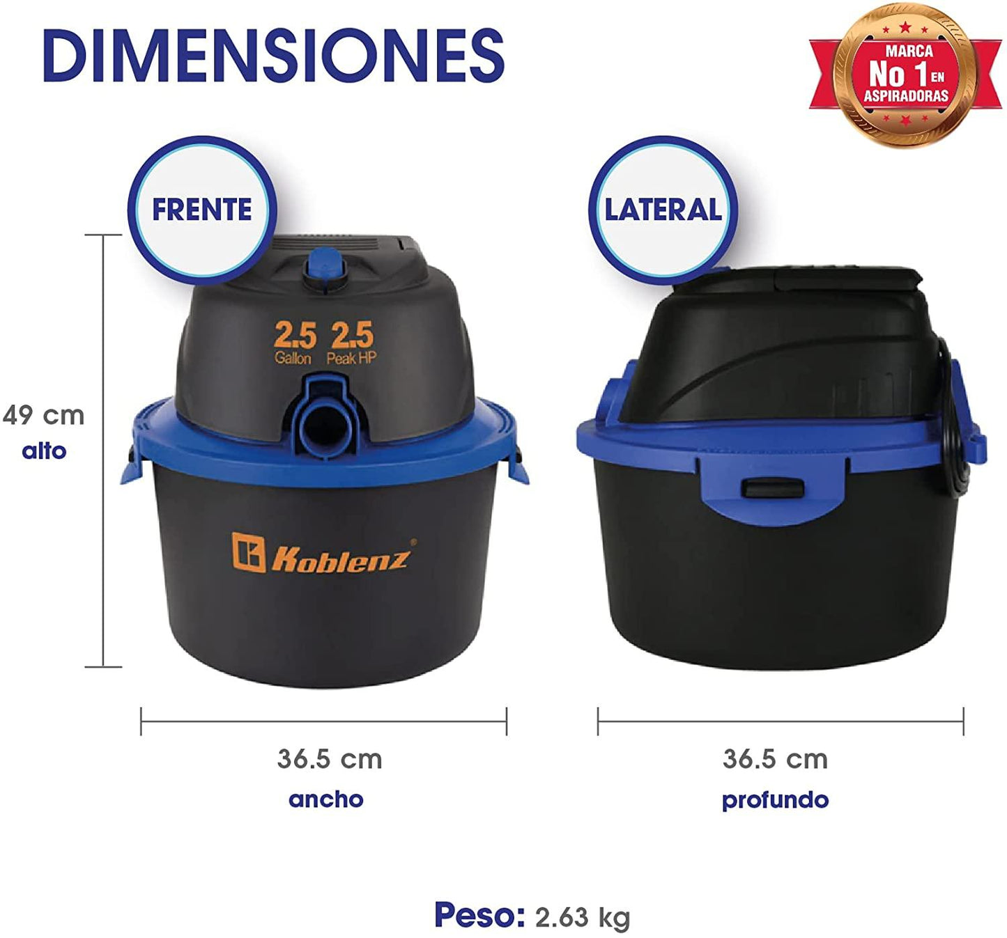 Aspiradora Koblenz Seco-Mojado WD-2.5K 2.5 gal 120V negra