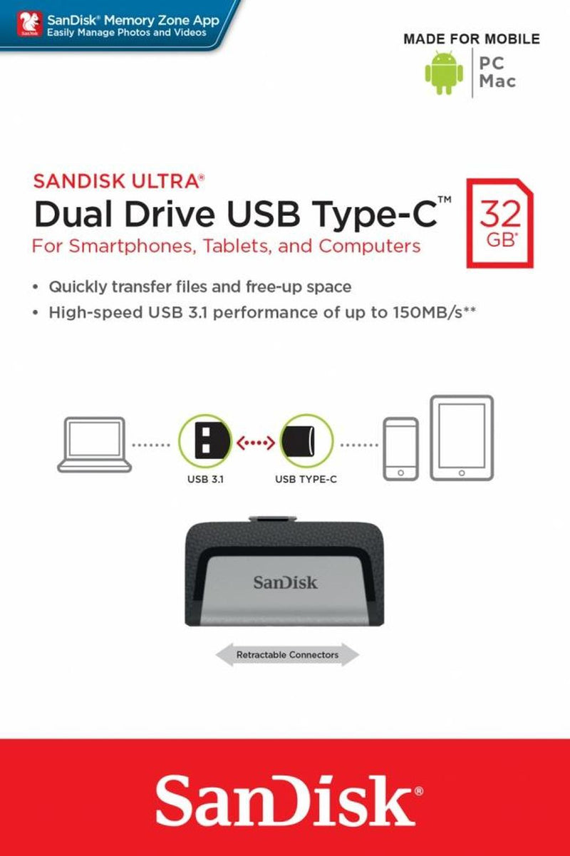Memoria USB SanDisk Ultra Dual Drive, 32GB, USB C 3.0, Plata