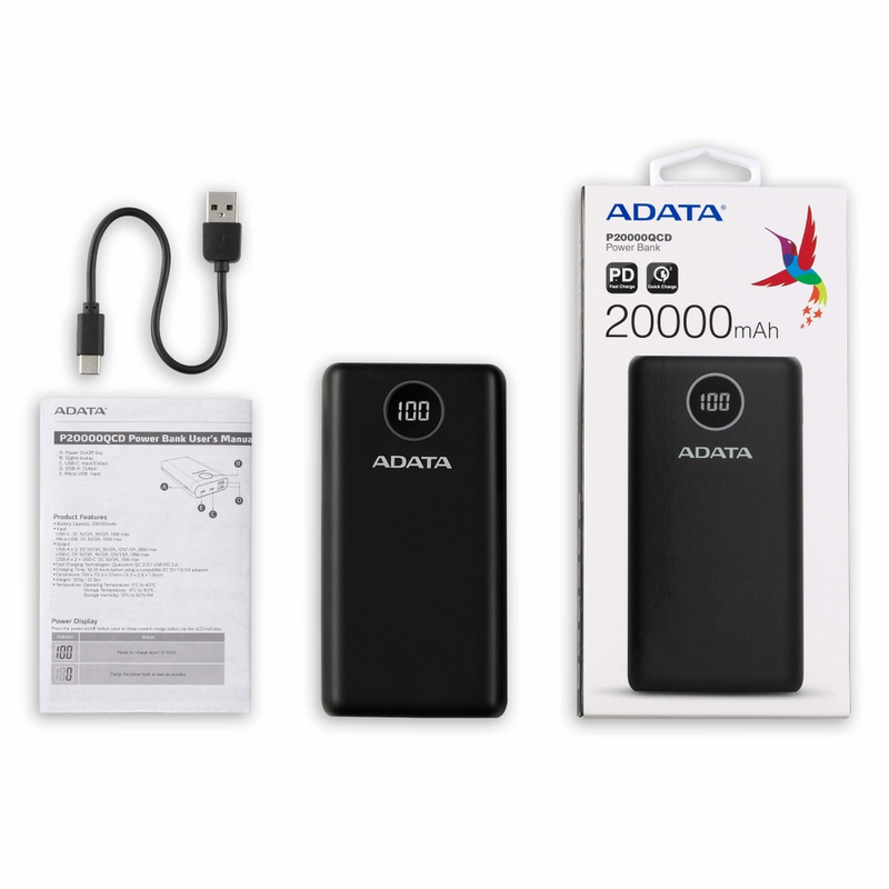 Power Bank Adata 20,000 Mah Usb Tipo C Negro