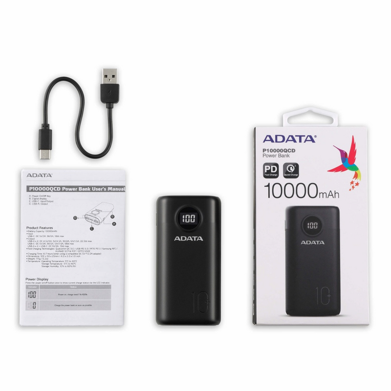 Power Bank Adata 10,000 Mah Usb Tipo C Negro