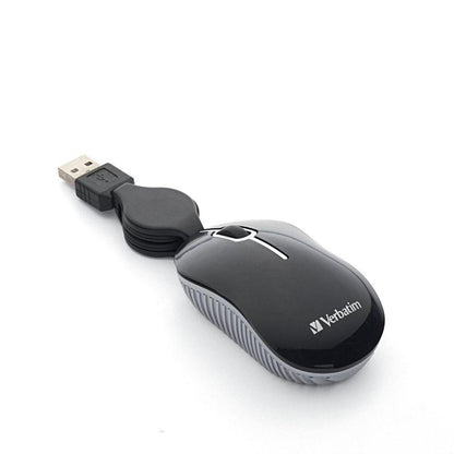 Mouse Verbatim Óptico 98113, Alámbrico, USB Retráctil, Negro/Plata