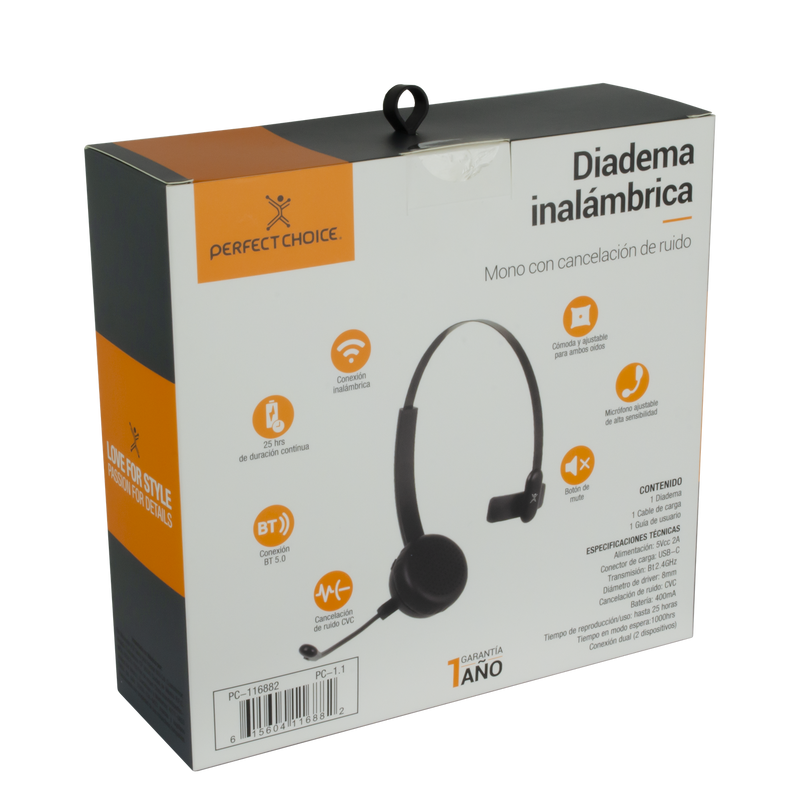 Monoaural, Inalámbrico, Bluetooth, Perfect Choice /PC-116882