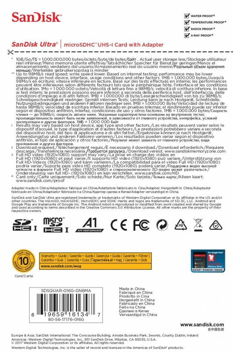 Memoria Flash SanDisk Ultra A1, 16GB MicroSDHC Clase 10, con Adaptador