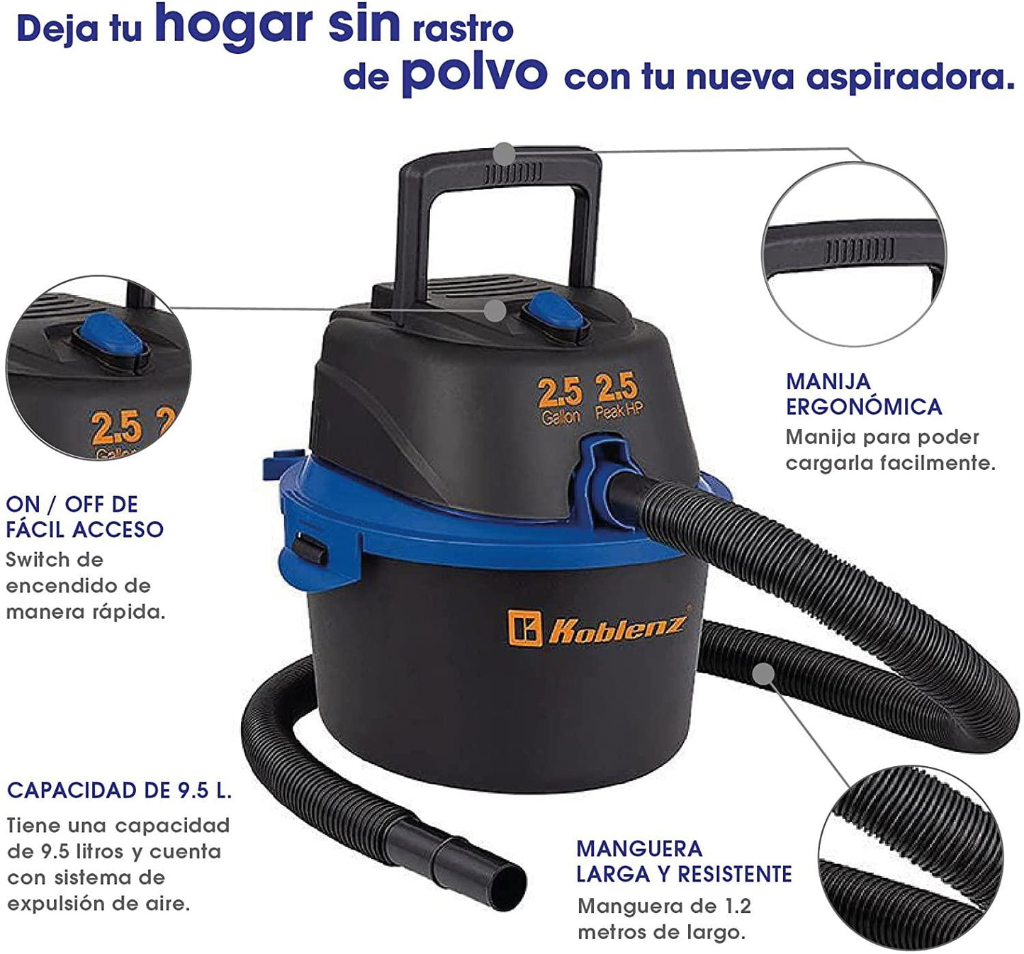 Aspiradora Koblenz Seco-Mojado WD-2.5K 2.5 gal 120V negra