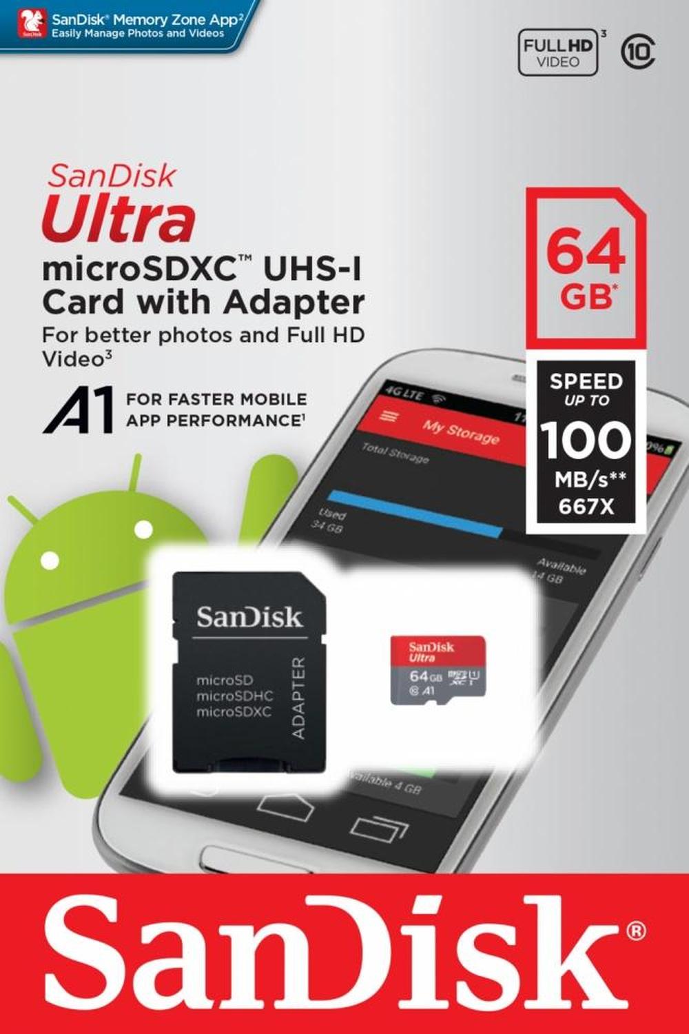 Memoria Flash SanDisk Ultra A1, 64GB MicroSDXC Clase 10, con Adaptador