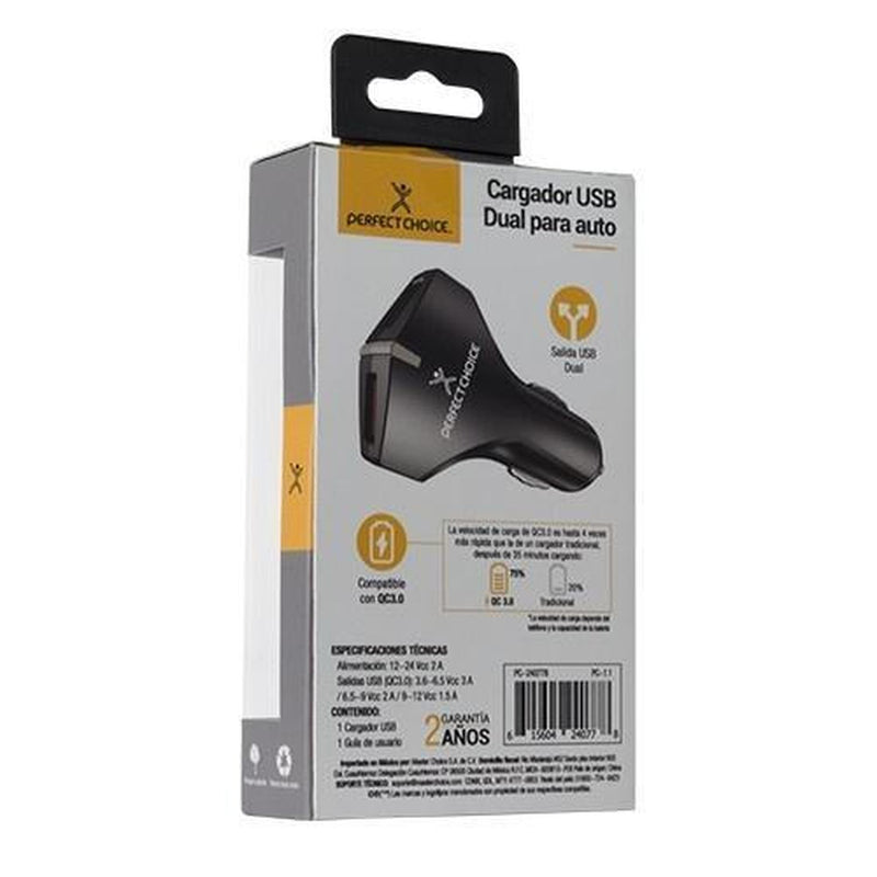 Perfect Choice Cargador p/Auto, 12V, 2 Puertos USB 2.0,Negro