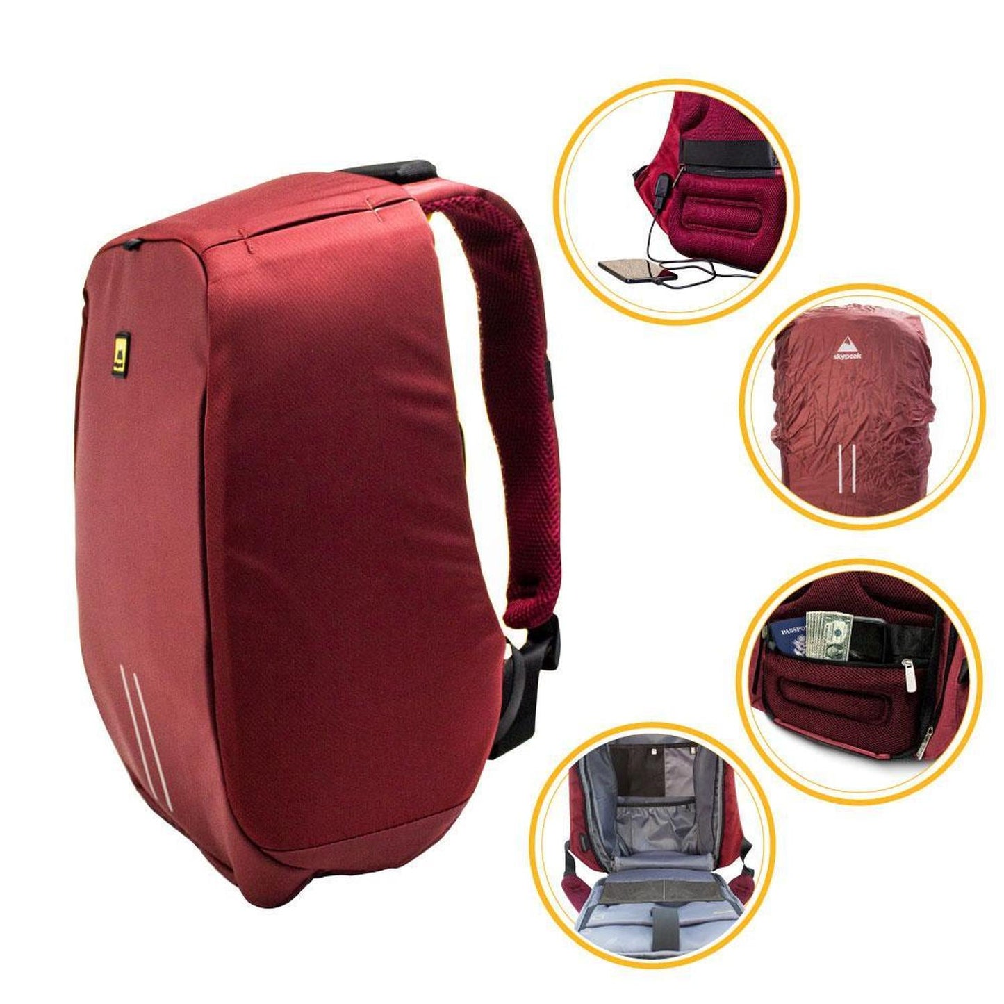 Mochila Backpack Skypeak Antirrobo Roja de 15,6" con funda repelente al agua y puerto USB de carga.