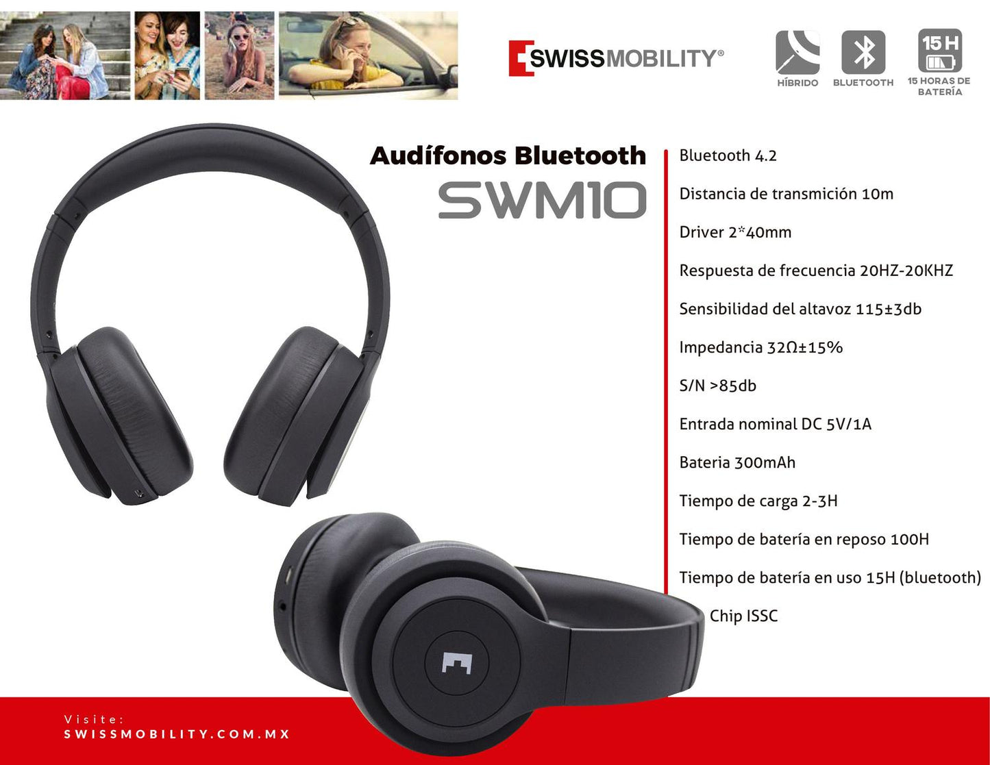 Audífonos de diadema SUPER BASS con Bluetooth y micrófono SWM-10BK swissmobility