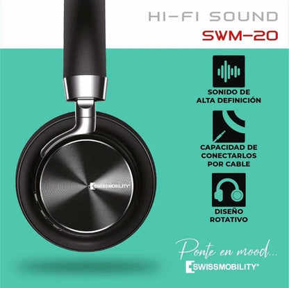 Audífonos de diadema HIGH FIDELITY (HiFi) con Bluetooth y micrófono SWM-20BK Swissmobility